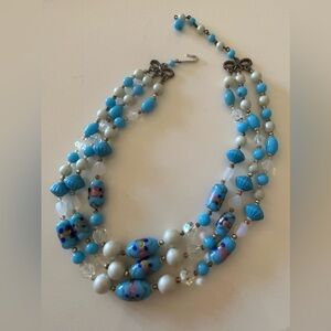 Vintage Retro Japan Triple Strand Necklace Blue Italian Glass Beads Adjustable